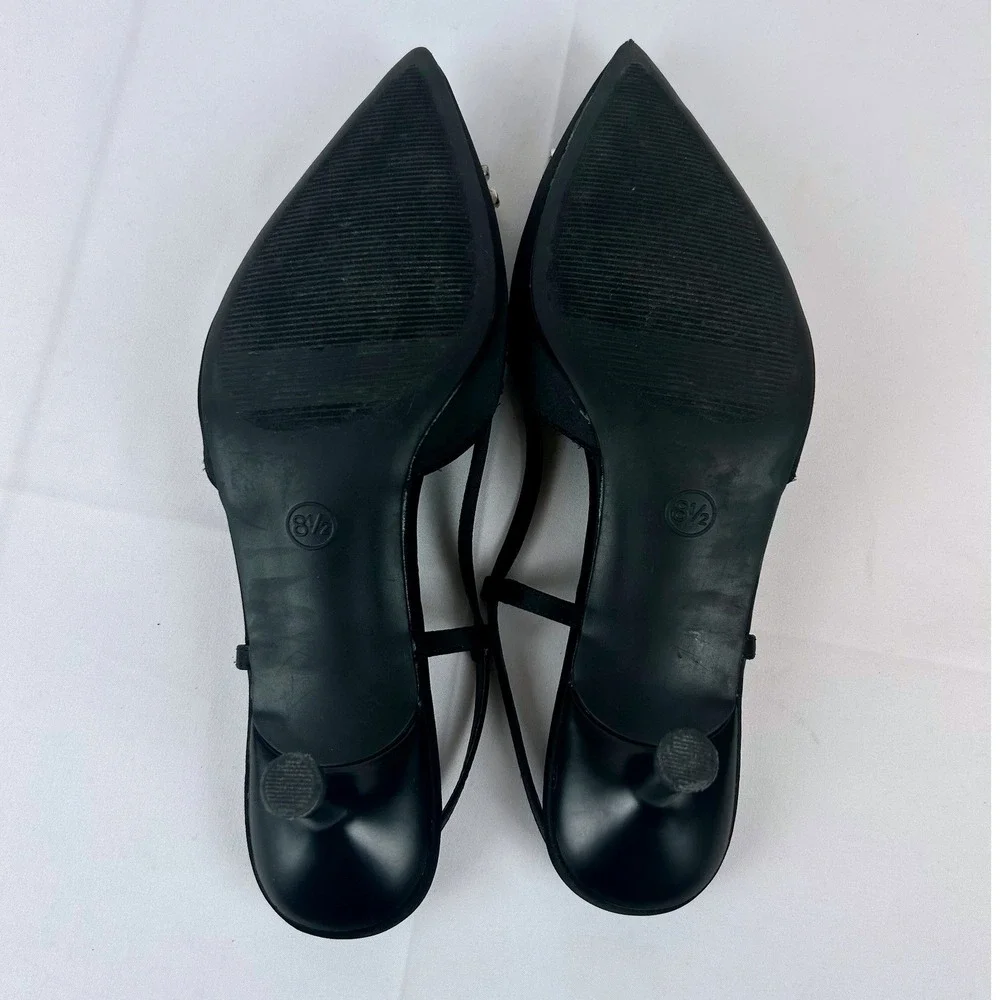A New Day Black Satin Crystal Buckle Pointed Toe Slingback Kitten‎ Heels 8.5